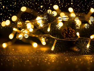 Warm Christmas lights twinkle on evergreen branches, glittering with holiday magic
