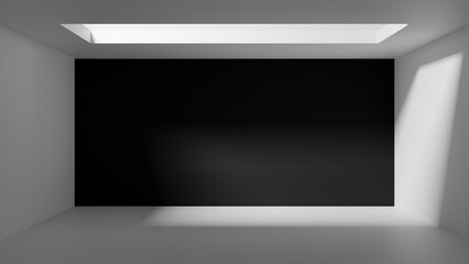 empty room background. bright empty room with white and black walls and window on the ceilings with sunlight. room stage podium table for product placement and design. room mock up copy space