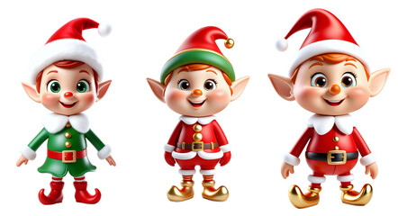 Three joyful cartoon elves dressed in colorful holiday attire, displaying cheerful expressions and festive details, capturing the essence of holiday spirit and fun