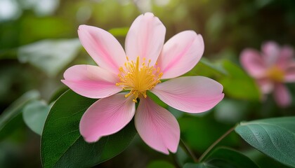 Fototapeta premium A Pink Flower With Yellow Stamens Surrounded By Green Leaves In Soft Focused Background