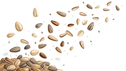Realistic sesame seeds dropping in motion against a clear transparent backdrop.
