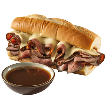 Delicious french dip sandwich with roast beef and melted cheese served with a side of au jus sauce, isolated on transparent background