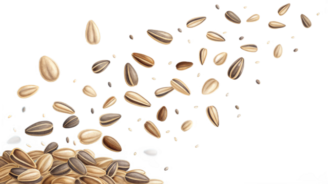 Realistic sesame seeds dropping in motion against a clear transparent backdrop.