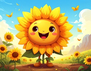 Cheerful sunflower cartoon with a smiling face stands in a sunny field of sunflowers, butterflies in the air