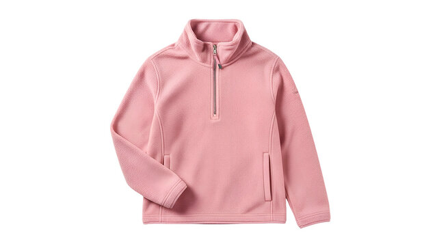 A soft, light pink fleece pullover with a quarter-zip, side pocket, and a collared neckline