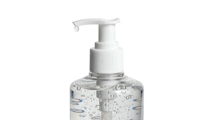 Close-up of clear sanitizer bottle with pump dispenser, isolated against black background