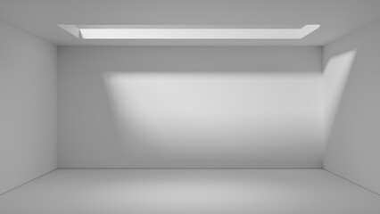empty room with spotlight - empty room interior design with white walls and white empty floor. copy space room cozy background with sunlight beam from above. luxury minimalistic studio room background