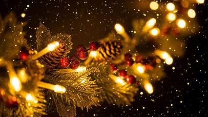 Magical holiday season decoration with twinkling lights and festive pinecones