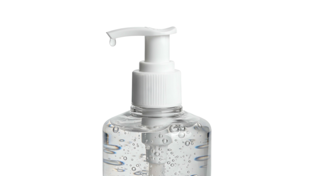 Close-up of clear sanitizer bottle with pump dispenser, isolated against black background