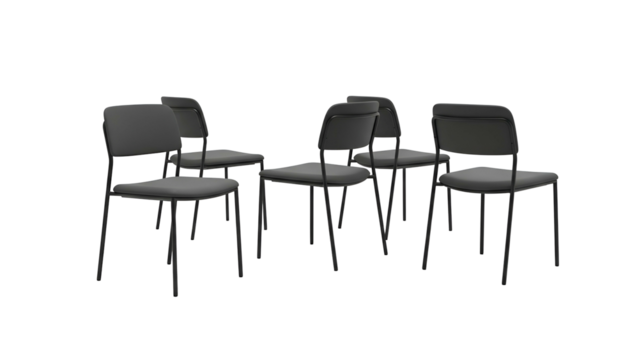 Six simple gray chairs arranged on black background, showcasing minimalist design