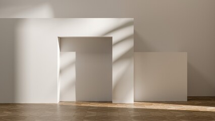 Empty room with wooden parquet and soft sunlight with leaves shadows - place for design and advertisement. Interior design room mock up. Cozy summer room with soft warm light. Cozy room interior