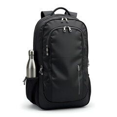 Black backpack with water bottle isolated on white background for lifestyle and travel