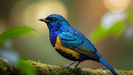 Obraz premium Radiant Blue Tropical Bird Perched on Mossy Branch in Soft Forest Light