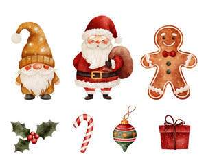 Watercolor Christmas clipart set with Santa,gnome, gingerbread man, holly leaves, candy cane, ornament and gift box. Warm festive mood. Perfect for cards, stickers, wrapping and holiday designs.