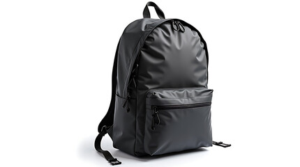 Sleek black backpack isolated on white background perfect for travel or school
