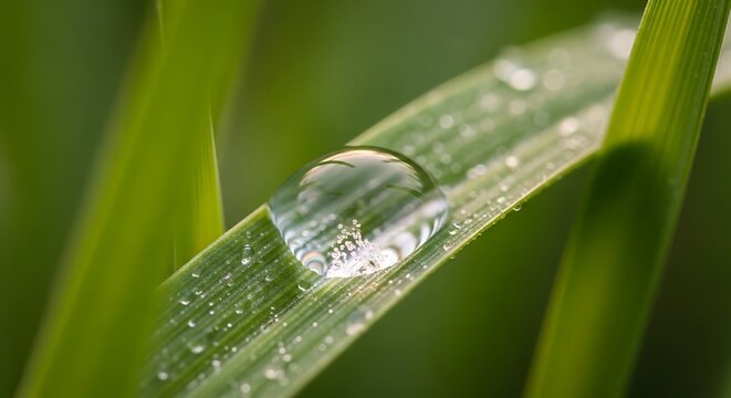 Stunning dewdrop glistening on vibrant green grass blade in morning light, evoking freshness, purity, and the beauty of nature's simple details