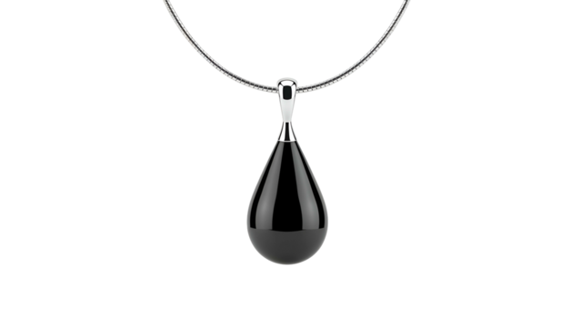 Elegant jewelry teardrop-shaped black pendant on a silver necklace against a stark black background