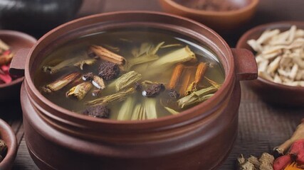 Healthy Herbal Soup in a Clay Pot with Various Ingredients, a Nourishing and Traditional Asian Cuisine