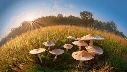 Edible Wild Fairy Ring Mushrooms Marasmius Oreades Fungi Growing In Semi Circles In The Grassland Field