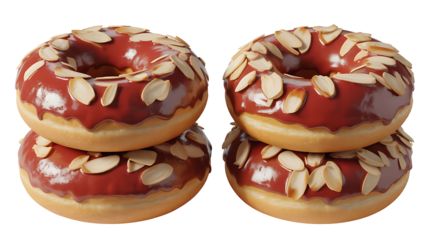 Four delicious glazed donuts topped with sliced almond topping stacked in two pairs isolated on transparent background