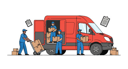 Flat 2D delivery service scene depicting professional workers loading boxes of cargo into a bright red commercial transport vehicle, emphasizing logistics on an isolated white background.
