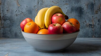 Still life of fresh fruit in a bowl against a textured background © Md Rifat