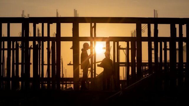 Construction worker silhouetted inside wooden framework at sunset with warm golden light highlighting active building site and structural progress