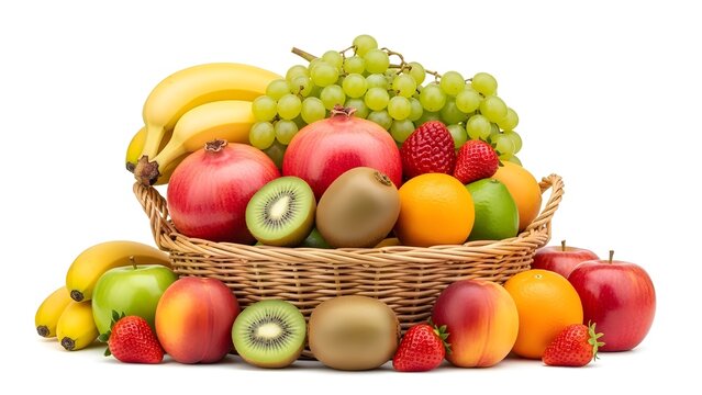 Abundance of fresh fruits in a wicker basket isolated on white