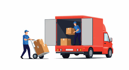 Delivery workers efficiently loading cardboard boxes onto a bright red shipping truck using a hand truck, presented as a clean 2D flat vector illustration on an isolated white background. © Rahmanart