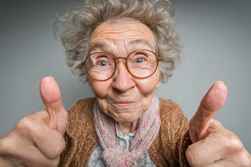 Cheerful Elderly Woman Giving Double Thumbs Up with Playful Expression