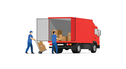 Logistics staff loading packages onto a bright red delivery truck using a hand trolley, presented as a modern 2D flat vector illustration on a clean white background.