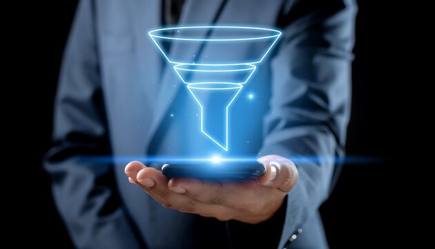 Smartphone with Sales Funnel Hologram Rising Digital Optimization