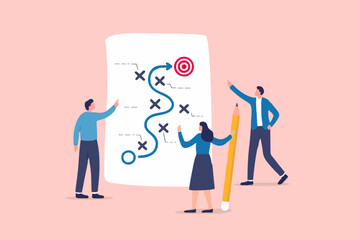 Obraz premium Strategic planning, plan to overcome difficulty or obstacle to reach goal or target, team brainstorm or competitor analysis, business success concept, business team planning for success tactic chart.