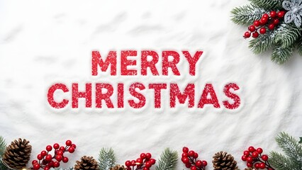 A festive holiday greeting with sparkling red 'Merry Christmas' text on a bed of white snow, adorned with pine cones and fir branches