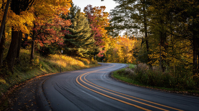 road in autumn with colourful yellow trees