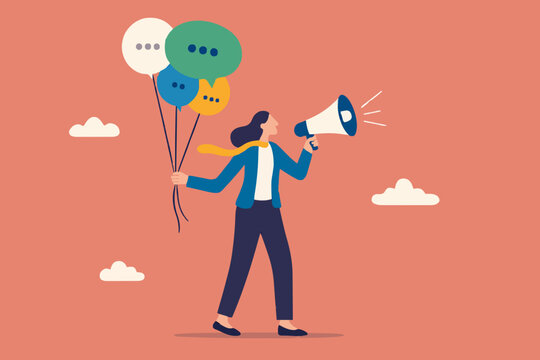 Communication or PR, Public Relations manager to communicate company information and media, announce sales or promotion concept, businessman holding speech bubble balloons while talking on megaphone.