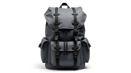 Stylish gray backpack with black straps on a white background
