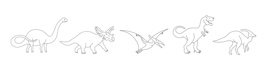 Minimalist Line Art of Five dinosaurs