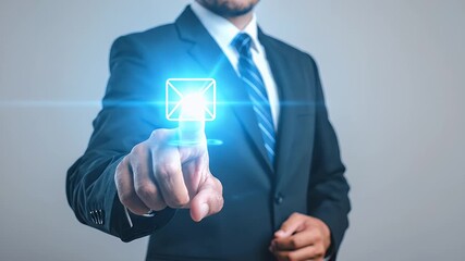 Man in Dark Suit Pressing Glowing Mail Icon on Clear Screen Against Light Gray Background Email Communication Connectivity and Modern Business Technology - Powered by Adobe
