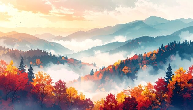 Autumn's glow on misty mountains; colorful trees frame a serene, hazy landscape under a pastel sunset sky