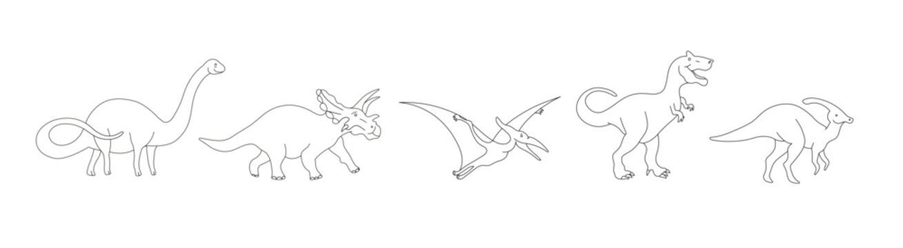 Minimalist Line Art of Five dinosaurs