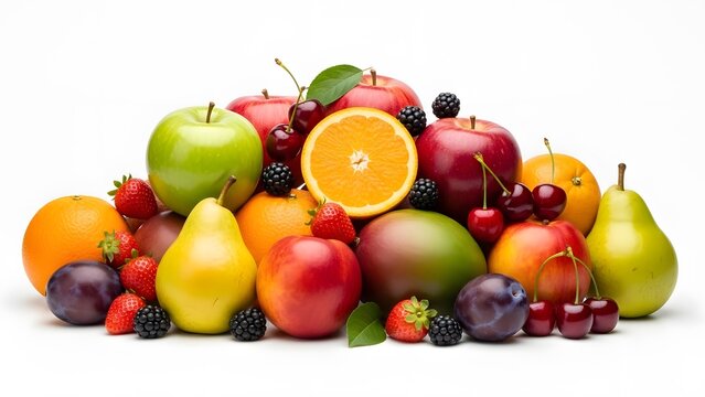 Colorful assortment of fresh fruits on a white background - Powered by Adobe