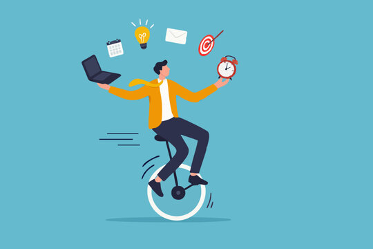 Productive master, productivity and project management skill, multitasking work and time management concept, skillful businessman riding unicycle juggling elements, laptop, calendar, ideas and emails.