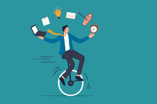 Productive master, productivity and project management skill, multitasking work and time management concept, skillful businessman riding unicycle juggling elements, laptop, calendar, ideas and emails.
