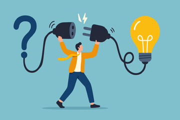 Solution solving problem, answer to hard question or creativity idea and innovation help business success, leadership to overcome difficulty, businessman connect question mark with lightbulb solution.