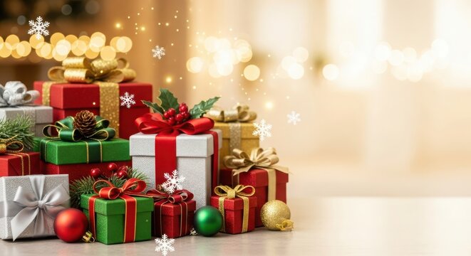 Beautifully wrapped christmas presents with sparkling lights and snowflakes