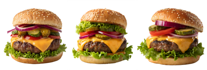 Three delicious cheeseburgers are stacked, showcasing layers of melted cheese, fresh lettuce, tomatoes, onions, pickles, and sesame seed buns. Perfect for a quick meal.