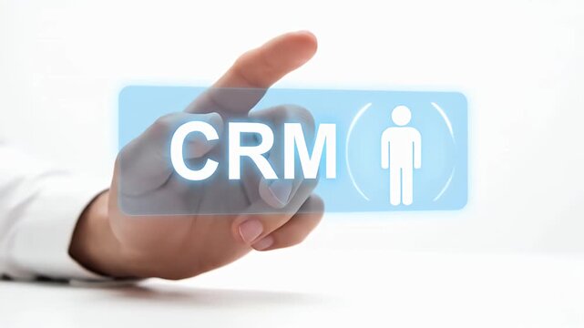 Hand Presses Crm Button on Virtual Screen in White Background Business Technology Interface Concept Finger Touching Human Symbol
