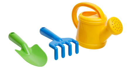 Brightly Colored Plastic Gardening Tools for Children on a White Background Keywords: toy, gardening, tools, plastic, shovel, rake, watering can, green, blue