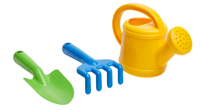 Brightly Colored Plastic Gardening Tools for Children on a White Background Keywords: toy, gardening, tools, plastic, shovel, rake, watering can, green, blue
